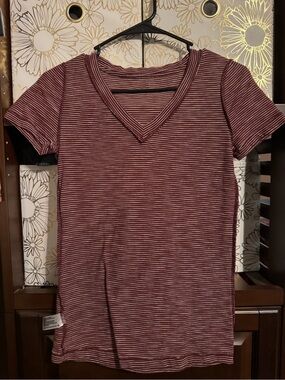 Mossimo Supply Co. Burgundy and White Striped V-Neck Tee